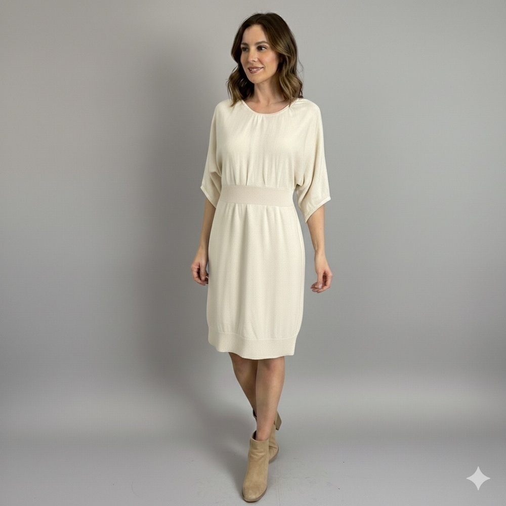 Vintage Ivory Cashmere Wool Short Sleeve Sweater Dress - Small